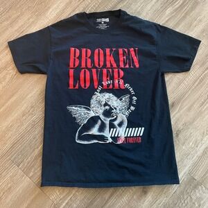 Thirty Single Broken Lover Mens T-Shirt M Black Cotton Angel Graphic Streetwear
